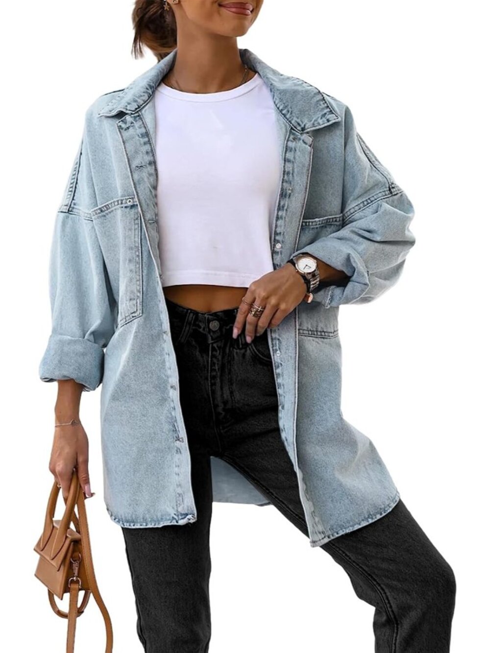 Women’s Blue Oversized Button Down Long Shirt Pockets Denim Jean Jacket Coat
